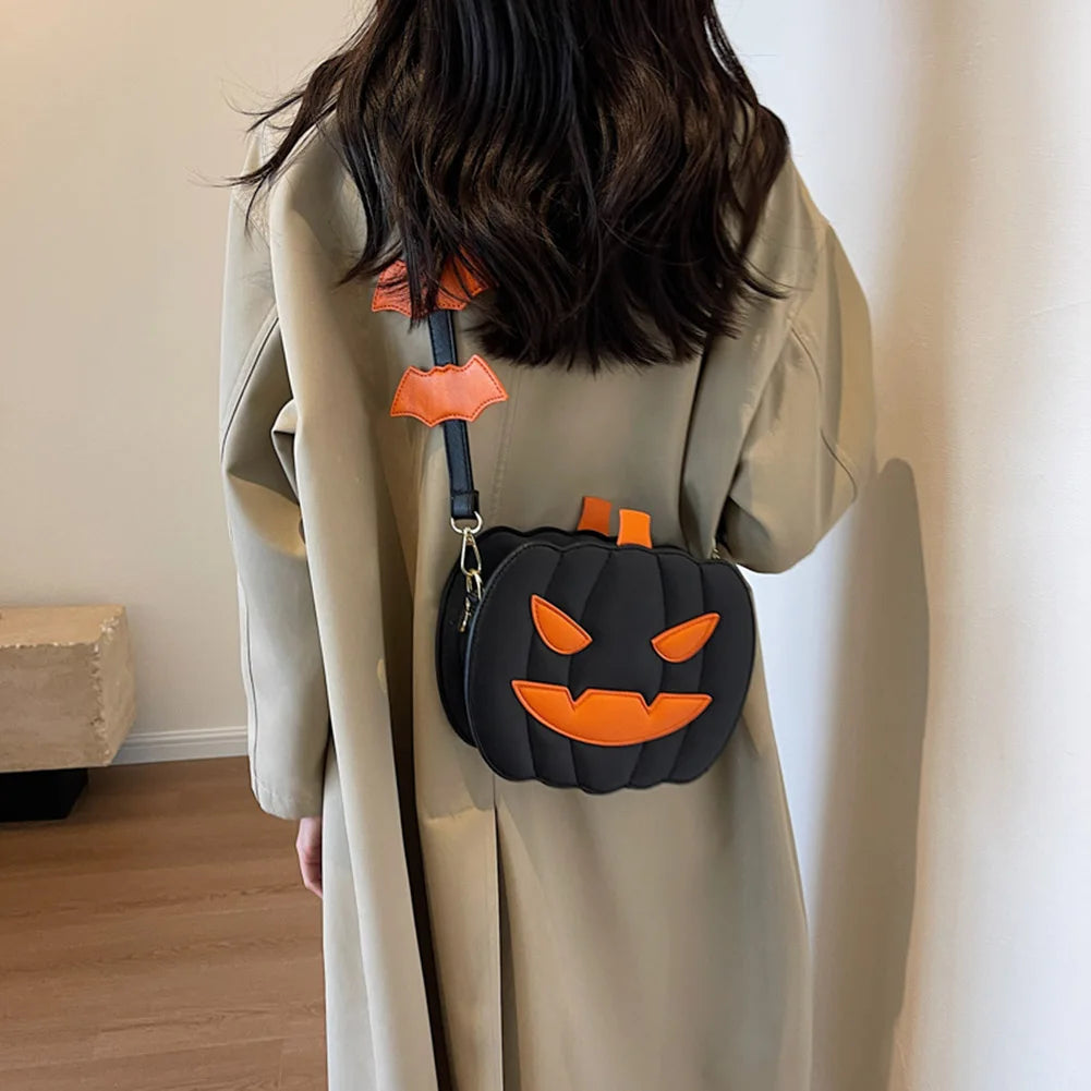 Women Novelty Pumpkin Purse PU Leather Demon Messenger Bag with Zipper Adjustable Strap Halloween Funny Bag