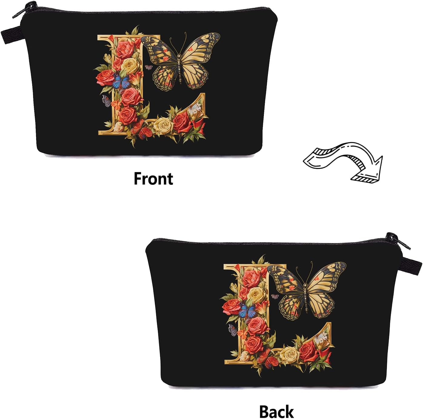 Makeup Bag and Keychain Letters Zipper Pouch Travel Accessories Black Cosmetic Bag Make up Organizer (L)