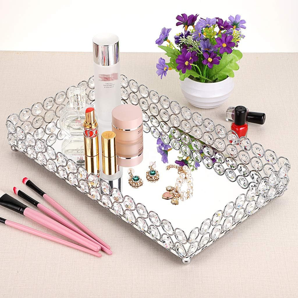 Elegant Large Crystal Makeup & Jewelry Organizer Tray - Mirrored Vanity Dresser & Bathroom Decor, 13.7" x 7.87 - Alrickas’ UNIQUE BOUTIQUE