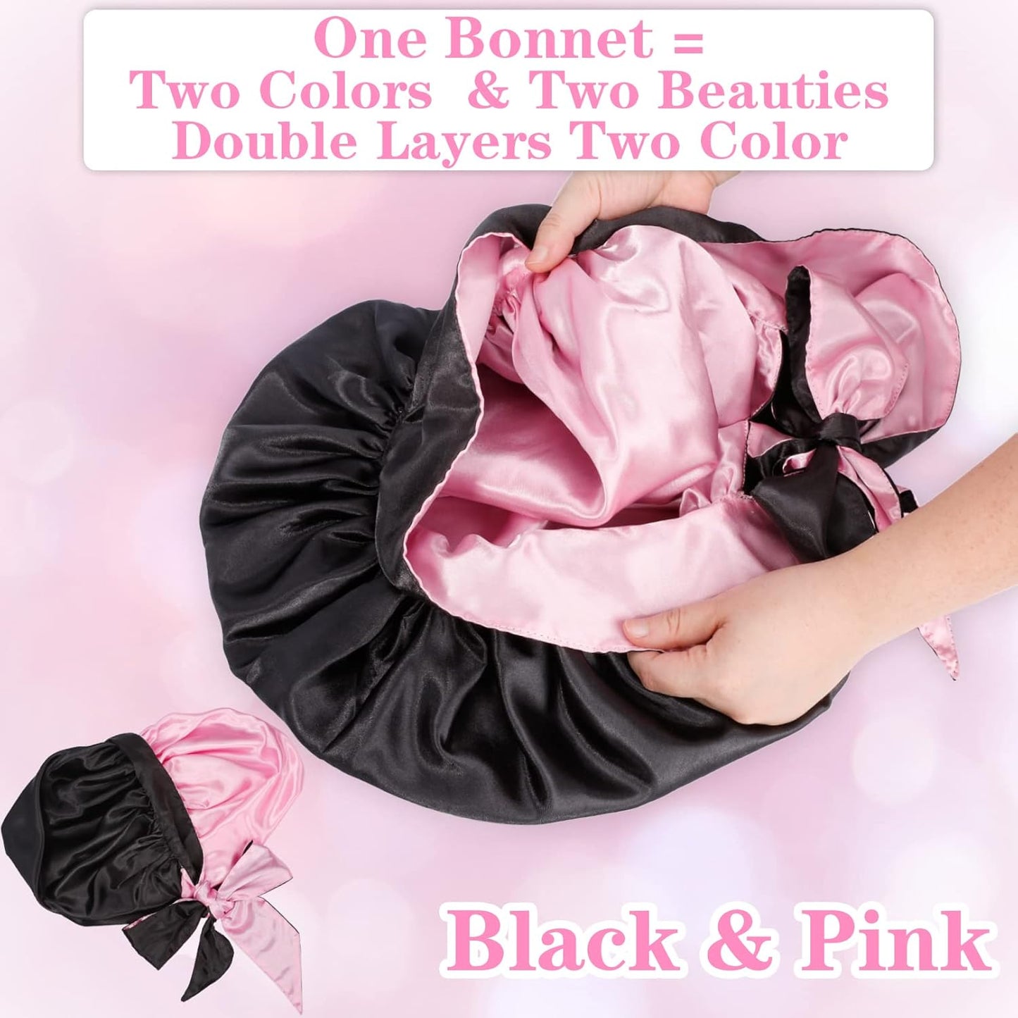 Jumbo Bonnet,Reversible Double Layer Satin Bonnet for Black Women,Adjustable Extra Large Sleeping Satin Lined Bonnet,Silk Bonnet Night Cap with Wide Tie Band for Braids Long Curly Hair(Black Pink)