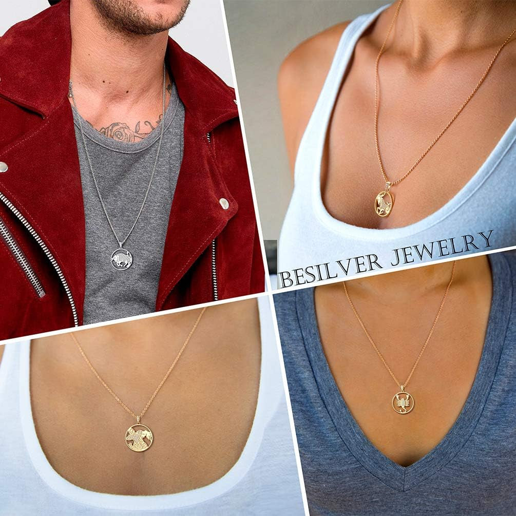 Zodiac Constellation Pendant Necklace Charm Women Men 925 Sterling Silver Horoscope Sign Astorlogy Necklace Celestial Symbols Jewelry Birthday Gifts for Wife Girlfriend Gift