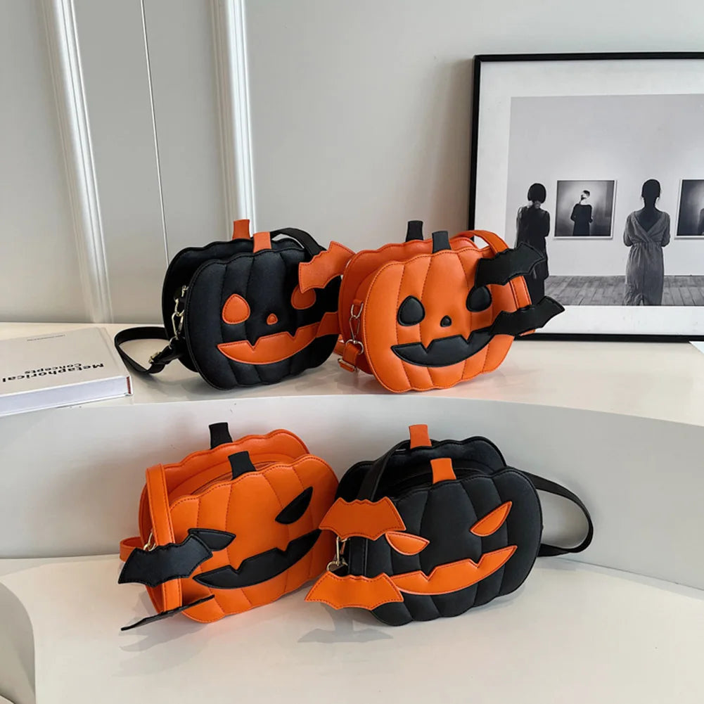 Women Novelty Pumpkin Purse PU Leather Demon Messenger Bag with Zipper Adjustable Strap Halloween Funny Bag