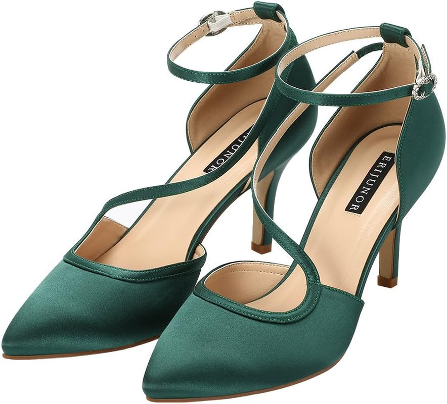 Women Comfortable Mid Heel Ankle Strappy Dress Pumps Pointed Toe Satin Wedding Evening Party Shoes
