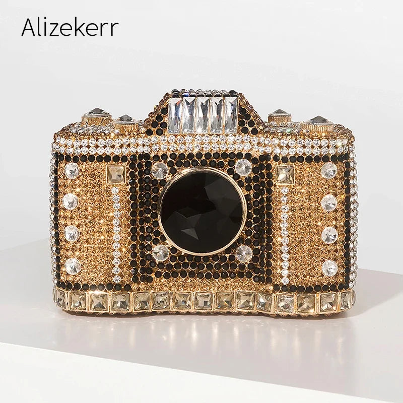Camera Shaped Diamond Evening Clutch Bags 2024 New Boutique Novelty Metallic Rhinestone Purses and Handbags Bridal Wedding Party