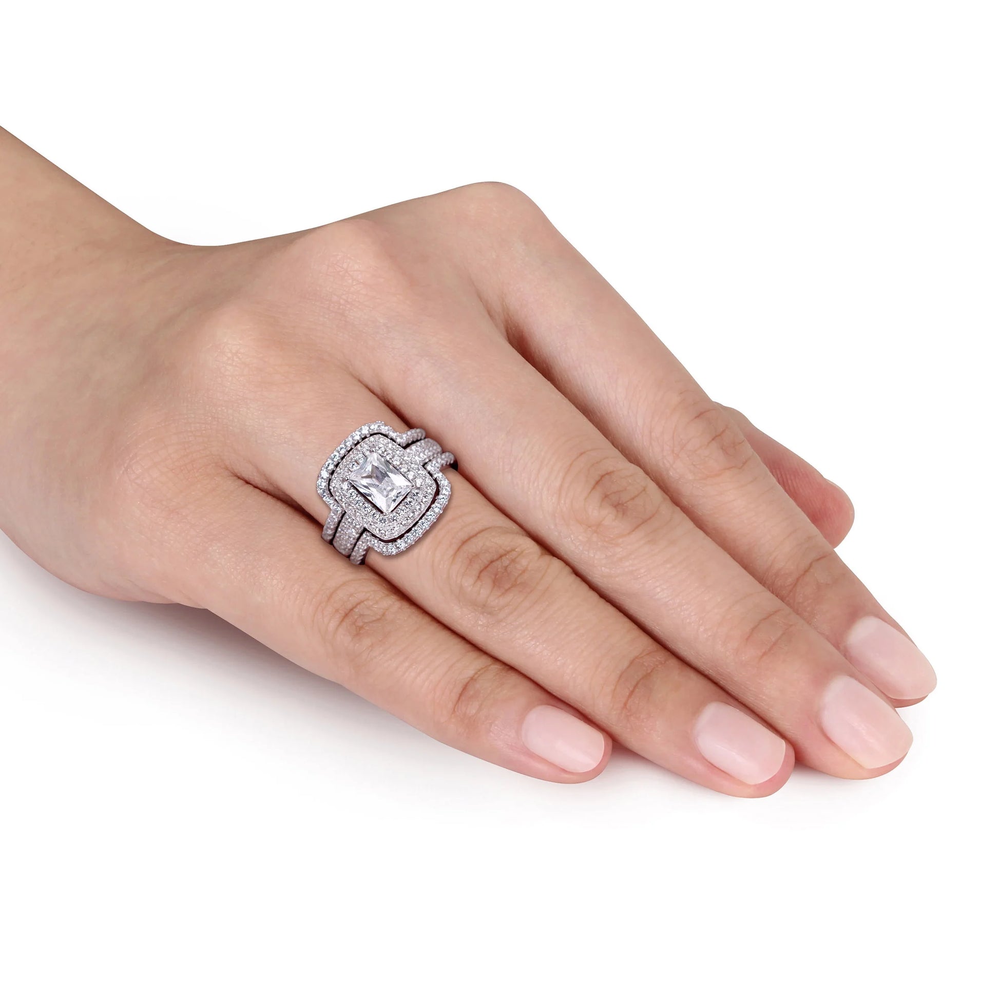 Stunning Women's Sterling Silver Bridal Set with Cubic Zirconia and Emerald Accents - Alrickas’ UNIQUE BOUTIQUE