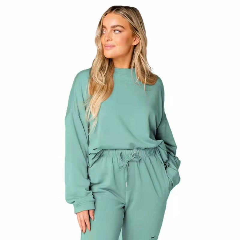 Chic Women's Ripped Round Neck Pullover & Pants Set - Casual Long Sleeve Cotton Sweatshirt Suit - Alrickas’ UNIQUE BOUTIQUE