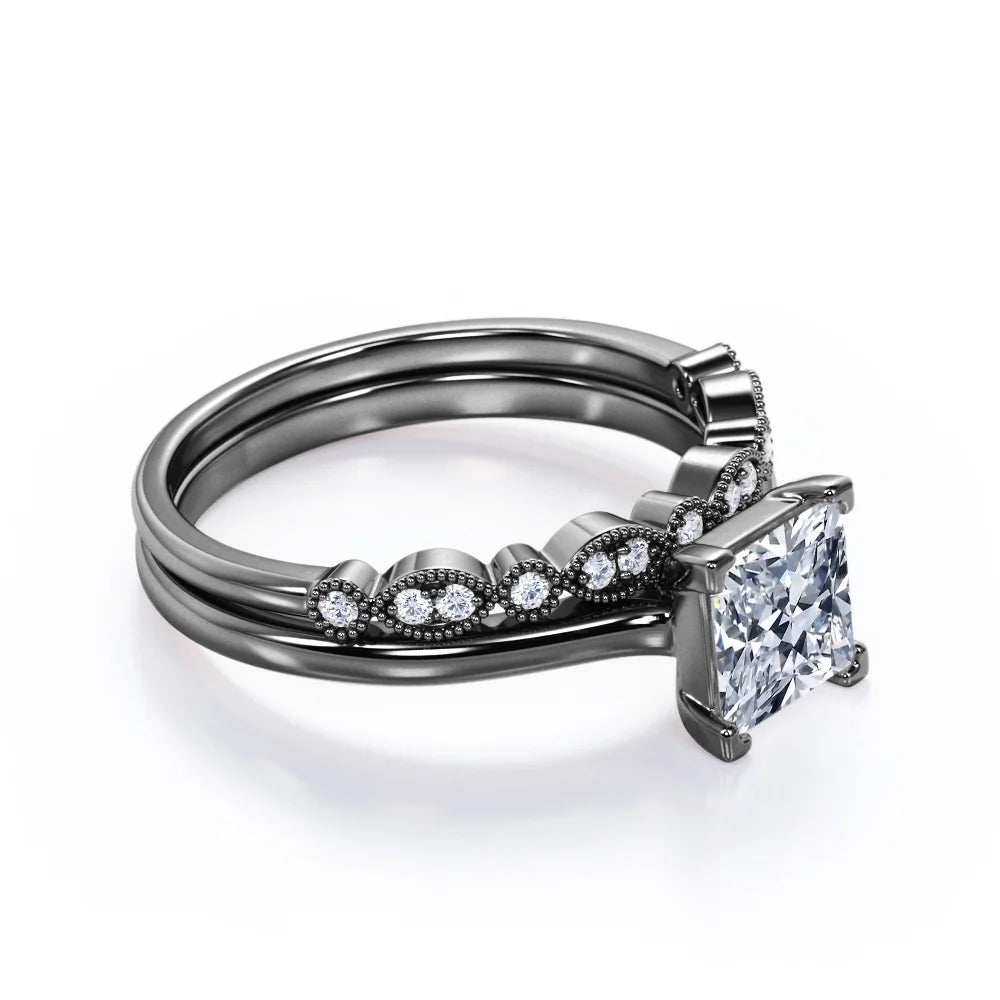 4 Prong Set - 1.50 Carat Princess Cut - Milgrain and Filigree - Wedding Set - 18K Black Gold Plating over Silver (CUSTOMIZE YOUR WEDDING RING BAND)