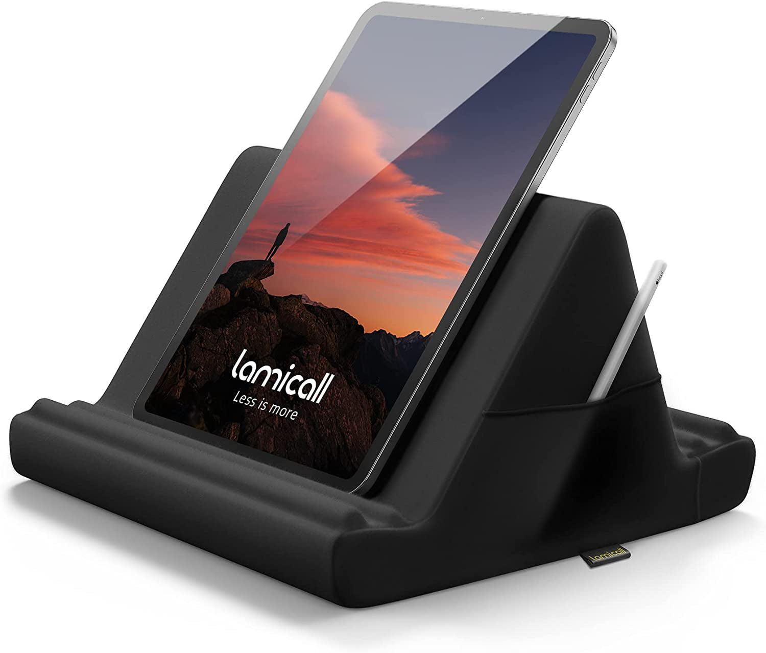 Versatile Tablet Pillow Holder Stand - Soft Pad Dock for Lap, Bed & Desk with Pocket & 4 Viewing Angles - Compatible with 2022 iPad Pro, Air, Mini, Kindle & 4-13" Devices - Sleek Black Design - Alrickas’ UNIQUE BOUTIQUE