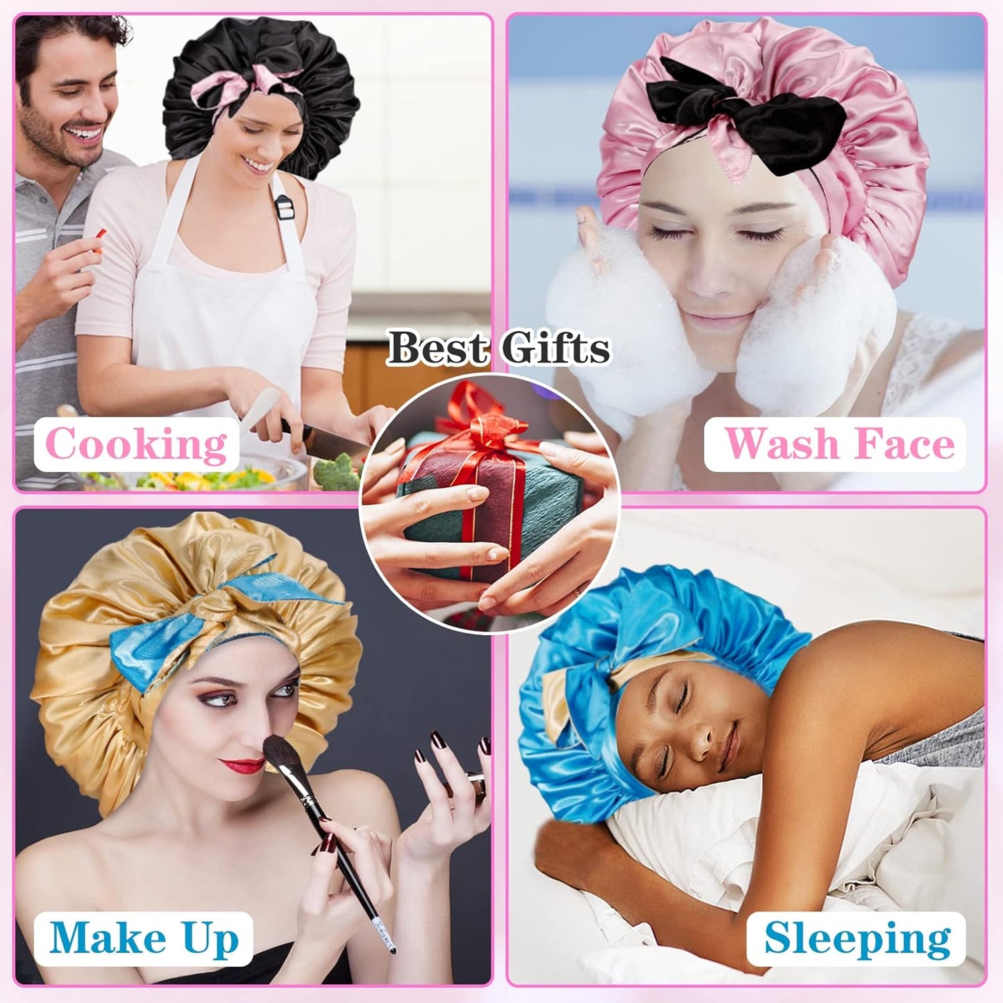 Jumbo Bonnet,Reversible Double Layer Satin Bonnet for Black Women,Adjustable Extra Large Sleeping Satin Lined Bonnet,Silk Bonnet Night Cap with Wide Tie Band for Braids Long Curly Hair(Black Pink)