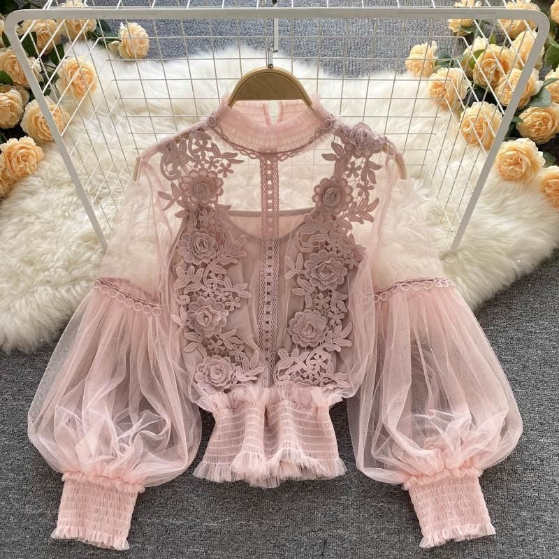 Women'S Blouses & Shirts Women Spring Autumn Long Sleeve Top Perspective Decal Vintage Dress White/Blue/Black/Purple Lantern Lace Court Styl