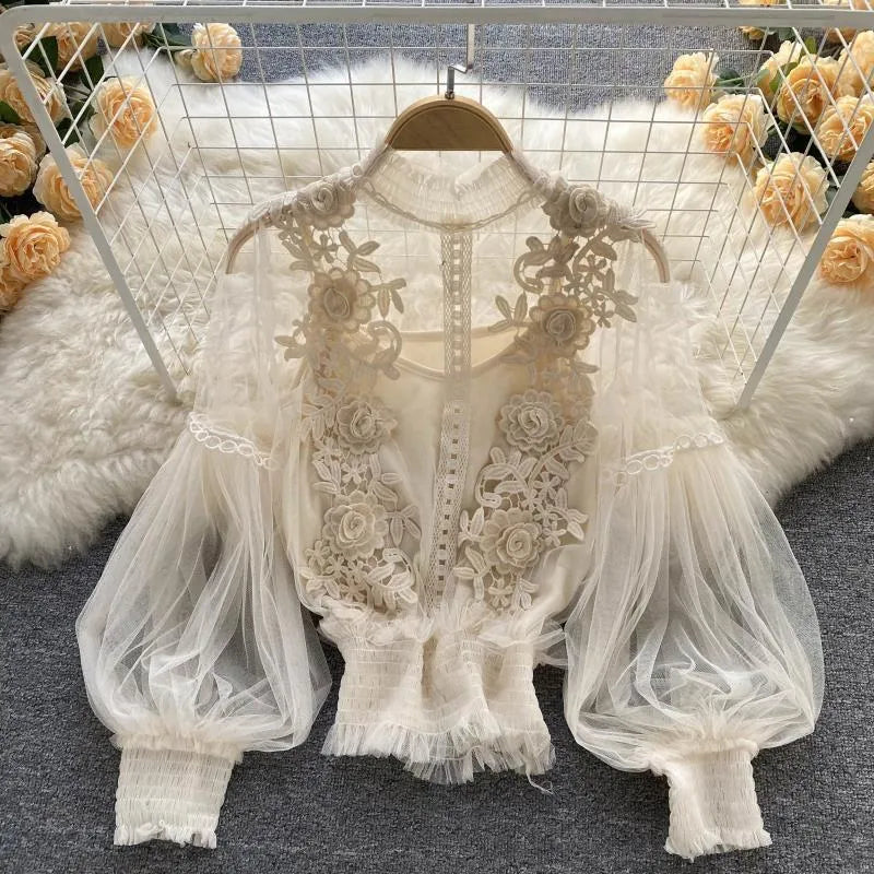 Women'S Blouses & Shirts Women Spring Autumn Long Sleeve Top Perspective Decal Vintage Dress White/Blue/Black/Purple Lantern Lace Court Styl