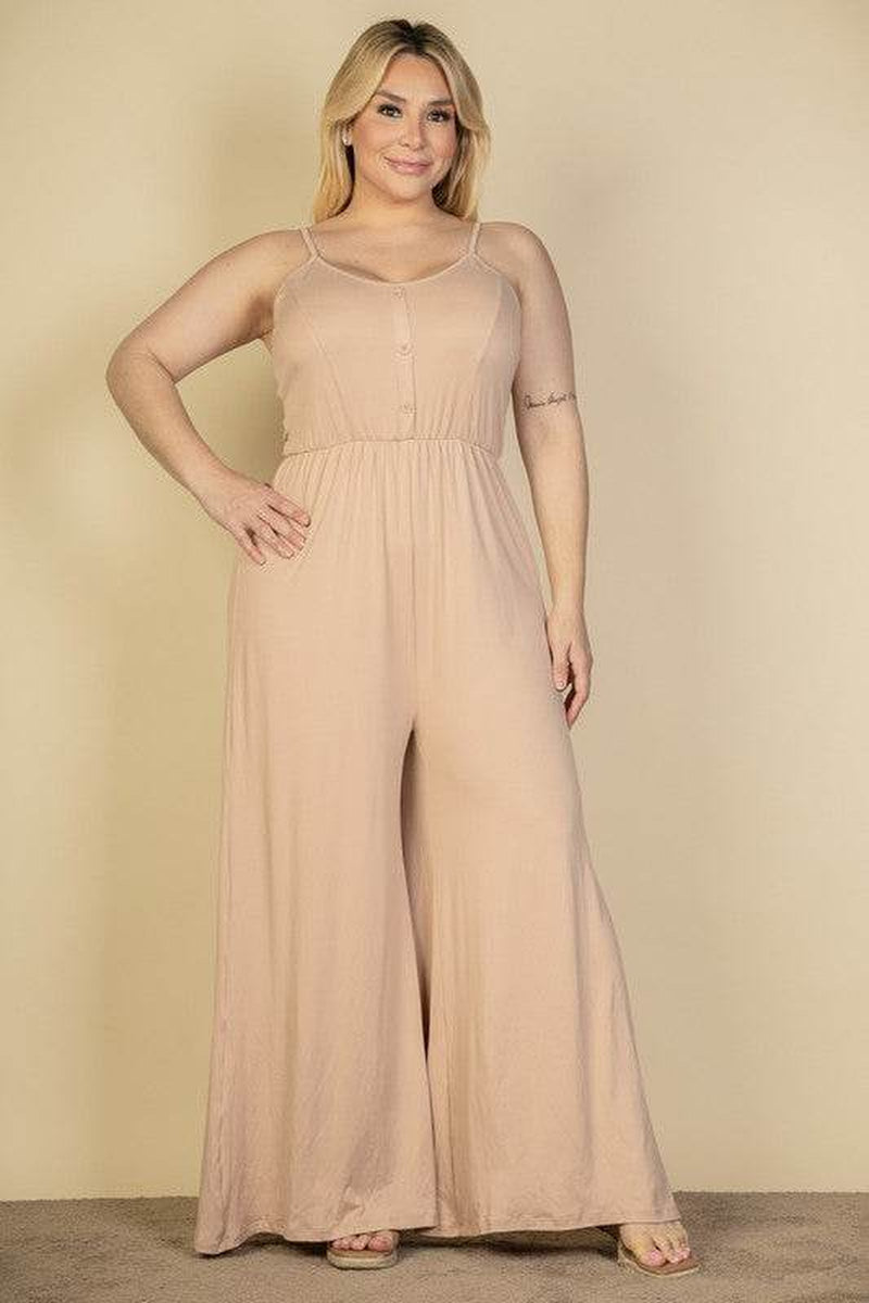 Chic Plus Size Button Front Wide Leg Jumpsuit for Effortless Style - Alrickas’ UNIQUE BOUTIQUE