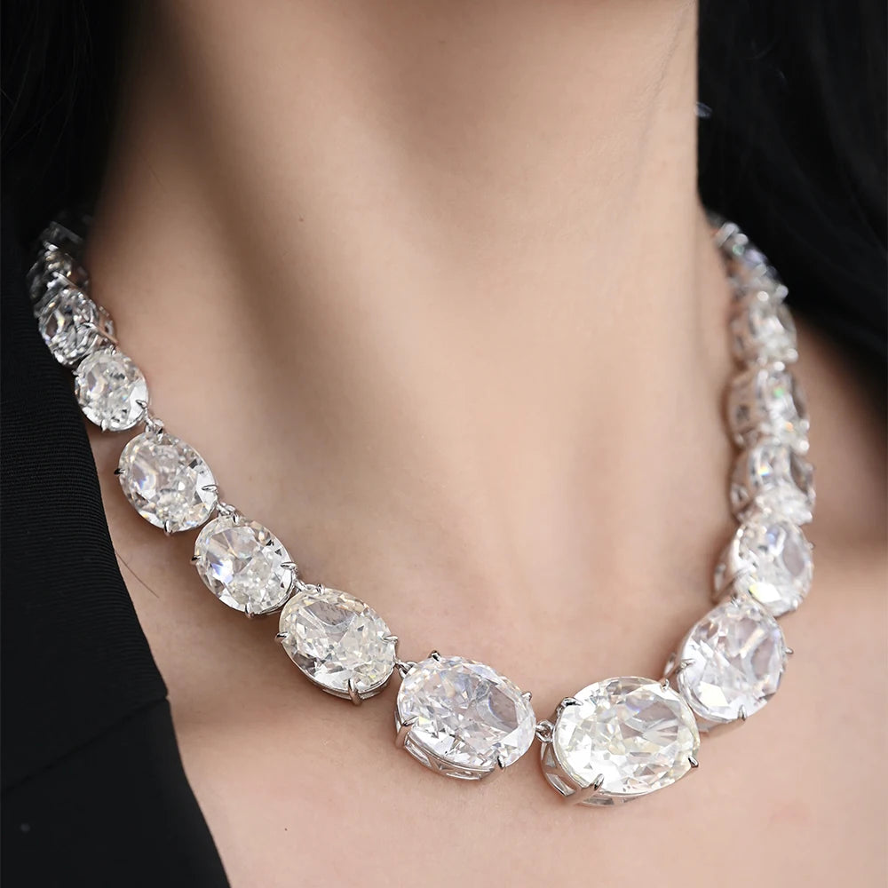 Luxury 925 Sterling Silver G Color Crushed Ice Cut Oval Simulated Moissanite Gemstone Pendant Necklace Fine Jewelry