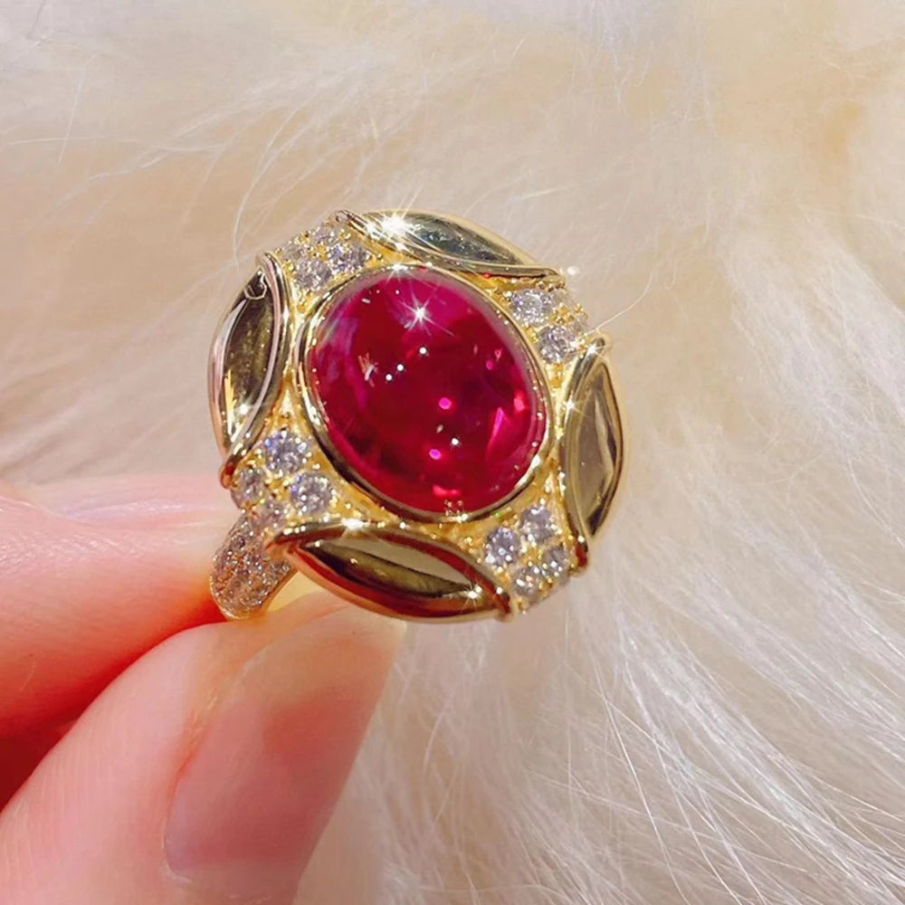 Vintage 18K Gold Plated 925 Sterling Silver Oval Ruby High Carbon Diamond Gemstone Cocktail Party Ring Fine Jewelry