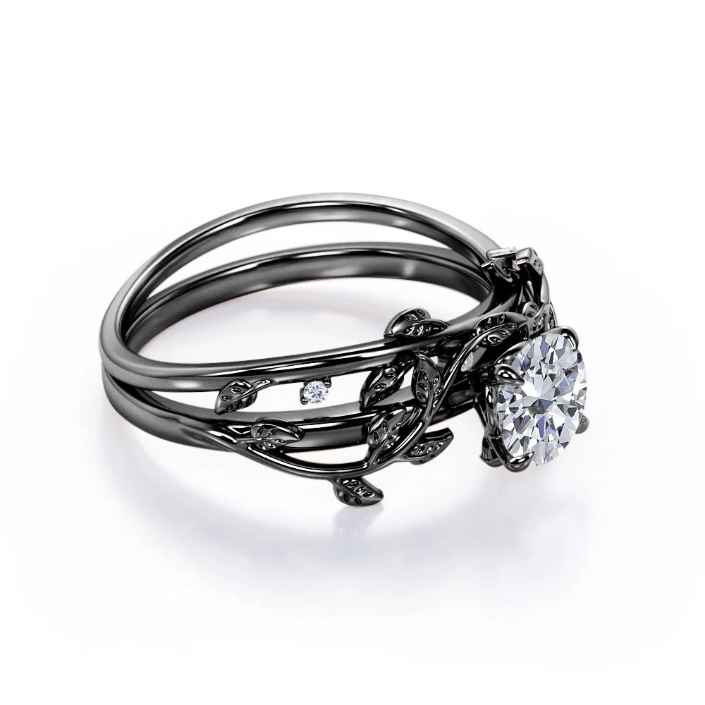 0.50 Carat round Shape - Tree Leaves Design Wedding Set - Nature Inspired Bridal Ring - 18K Black Gold Plating over Silver