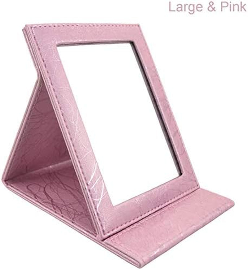 Portable Folding Vanity Mirror with Stand, Collapsible Mirror Make-Up Mirror Dresser Foldable Mirror Make-Up Tools and Accessories (Large, Pink)