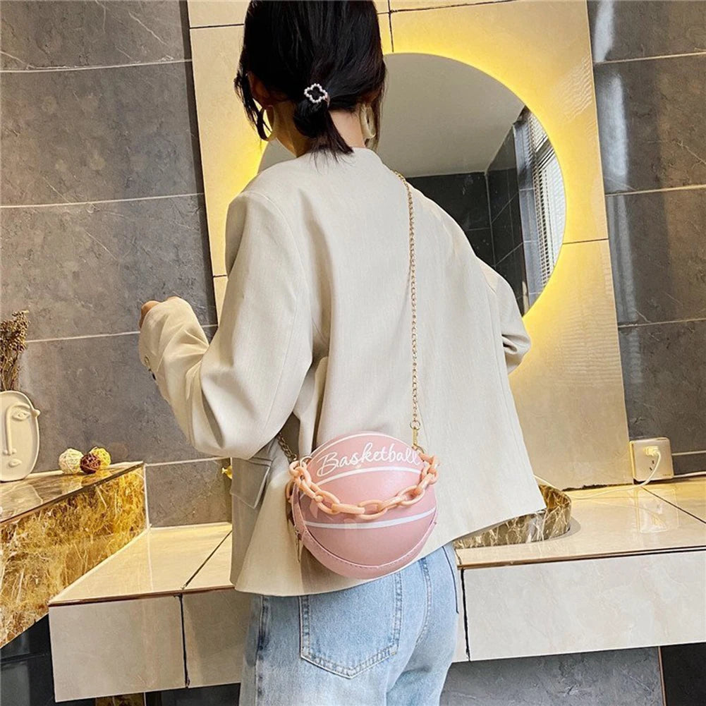 New Female Leather Pink Basketball Bag New Ball Purses for Teenagers Women Shoulder Bags Crossbody Chain Hand Bags