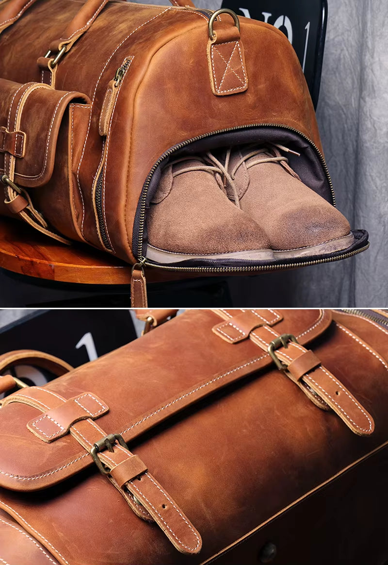Vintage Crazy Horse Genuine Leather Travel Bag Large Luggage Bag Men Leather Duffle Bag Large Weekend Bag Tote Big