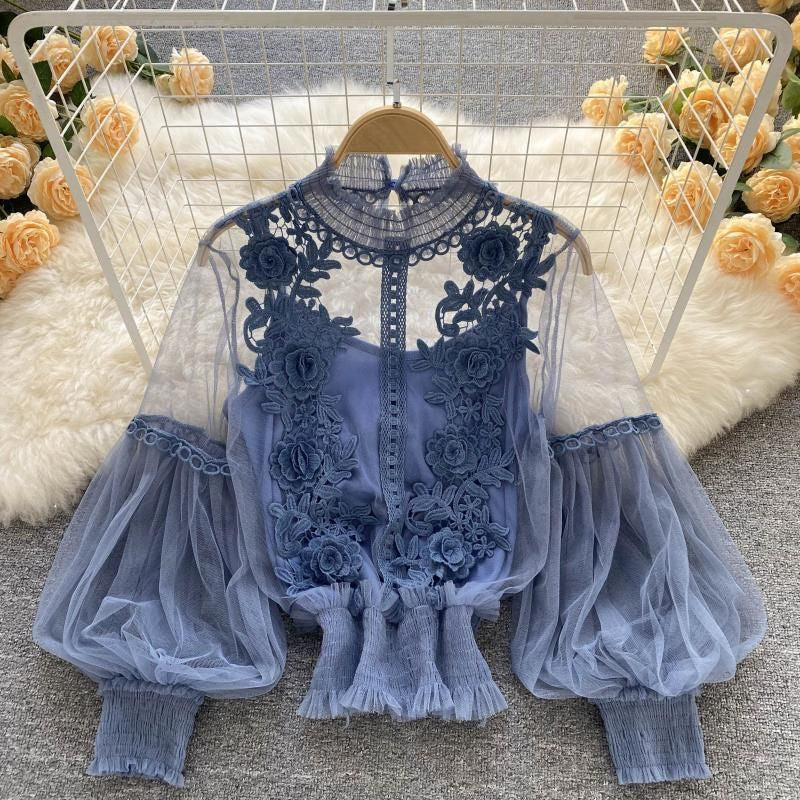 Women'S Blouses & Shirts Women Spring Autumn Long Sleeve Top Perspective Decal Vintage Dress White/Blue/Black/Purple Lantern Lace Court Styl