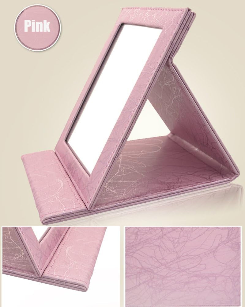 Portable Folding Vanity Mirror with Stand, Collapsible Mirror Make-Up Mirror Dresser Foldable Mirror Make-Up Tools and Accessories (Large, Pink)