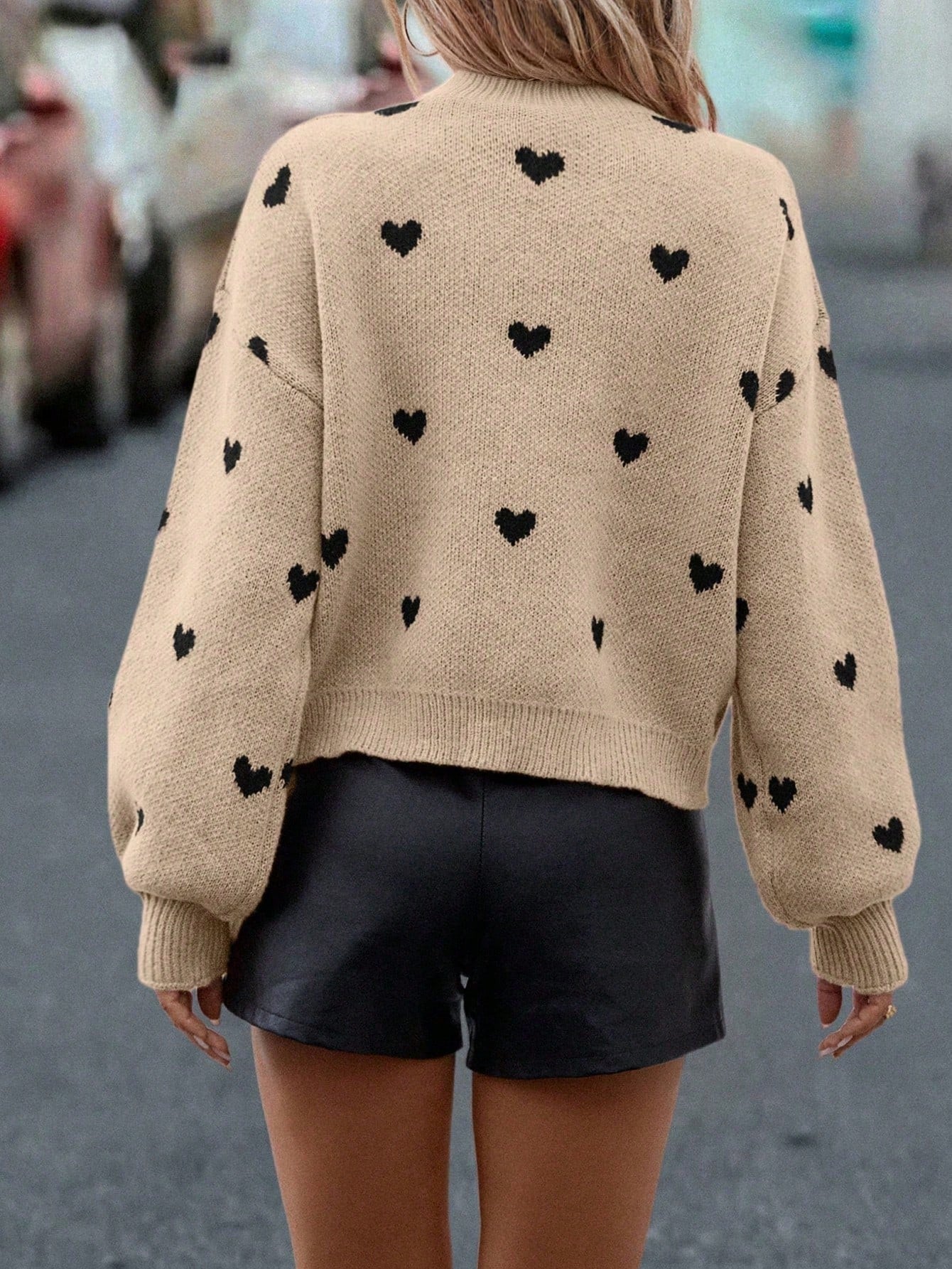 SHEIN LUNE Heart Patterned Dropped Shoulder Casual Sweater, Autumn/Winter Knit Pullover Fall Outfit