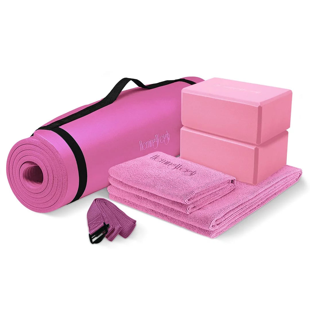 Premium 72" Non-Slip Yoga Mat Set with Blocks, Strap, and Towels - Stylish Pink Design - Alrickas’ UNIQUE BOUTIQUE