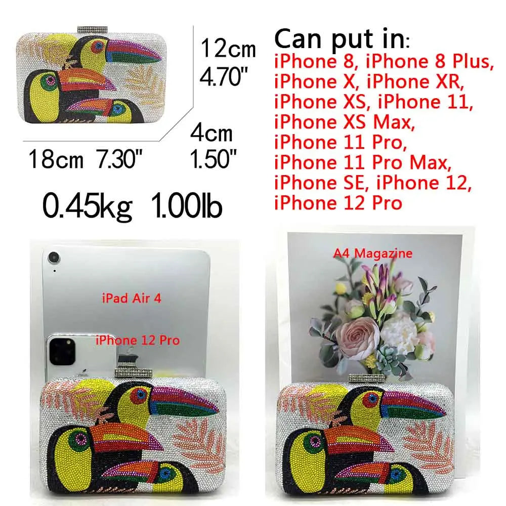 Stunning Rhinestone Toucan Bird Clutch - Elegant Evening Bag for Parties and Cocktails - Alrickas’ UNIQUE BOUTIQUE