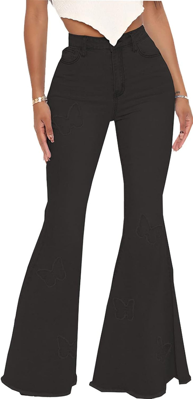 Vintage High Waisted Bell Bottom Jeans for Women - Ripped Flare Denim Pants with Raw Hem - Alrickas’ UNIQUE BOUTIQUE