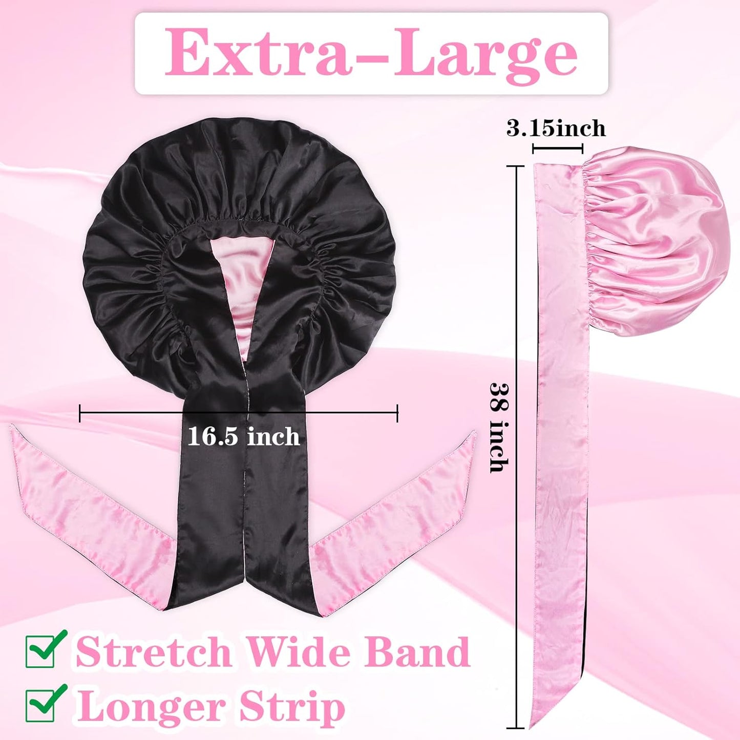 Jumbo Bonnet,Reversible Double Layer Satin Bonnet for Black Women,Adjustable Extra Large Sleeping Satin Lined Bonnet,Silk Bonnet Night Cap with Wide Tie Band for Braids Long Curly Hair(Black Pink)