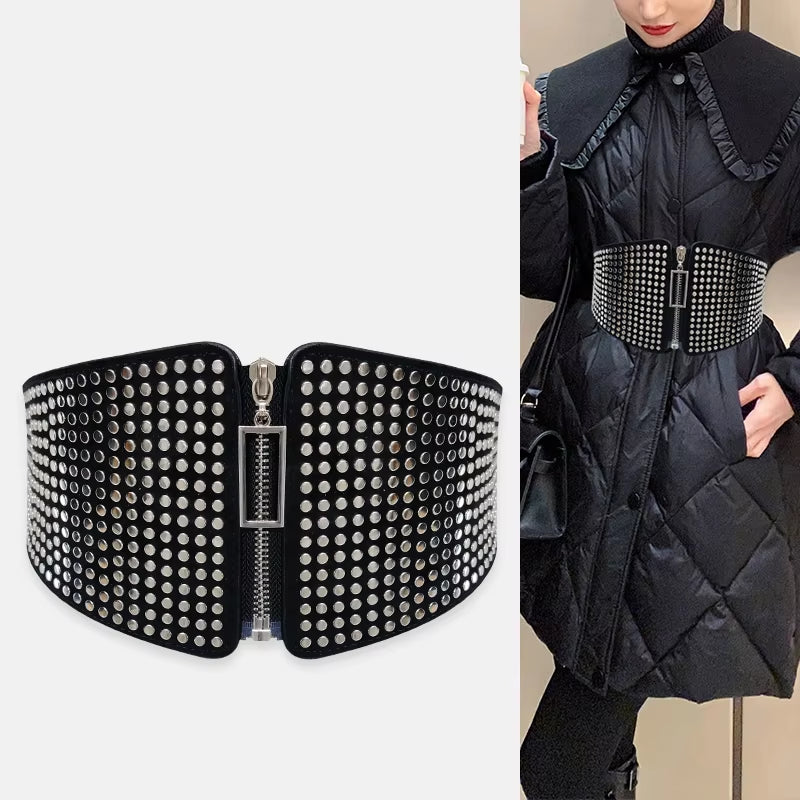 Gothic Punk Rivet Wide Elastic Corset Belt - Plus Size Stretch Cummerbund for Women - Alrickas’ UNIQUE BOUTIQUE