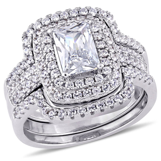 Stunning Women's Sterling Silver Bridal Set with Cubic Zirconia and Emerald Accents - Alrickas’ UNIQUE BOUTIQUE