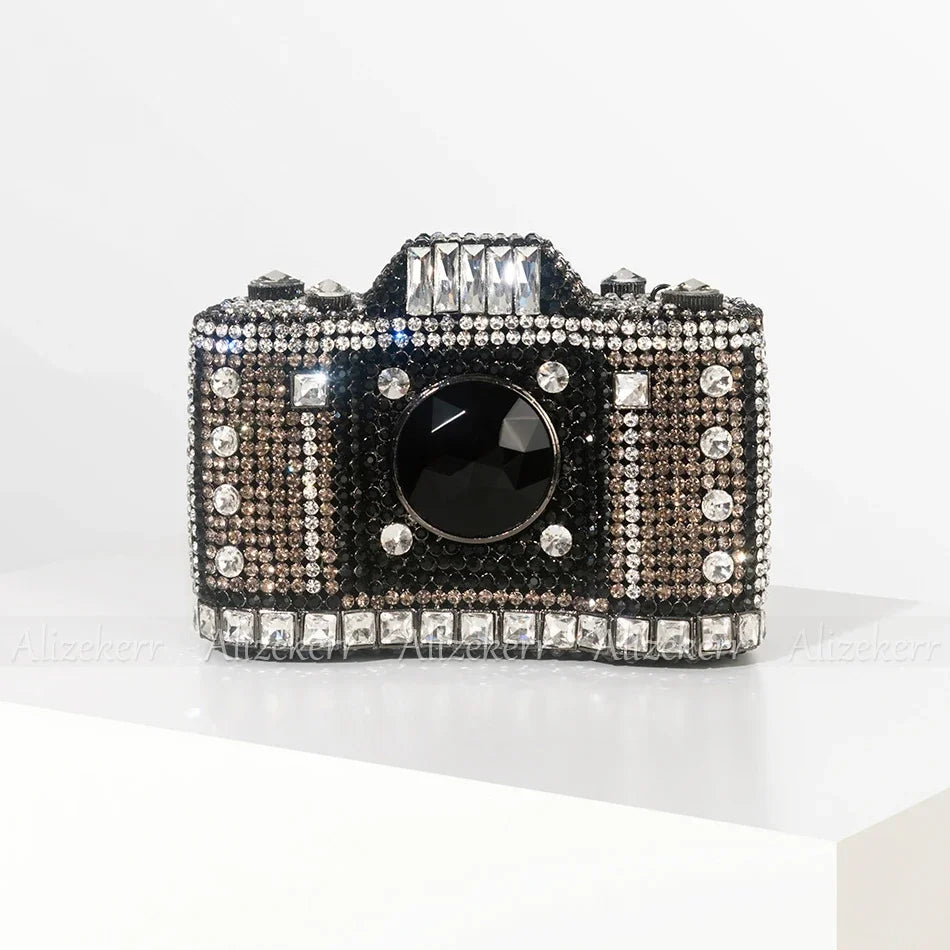 Camera Shaped Diamond Evening Clutch Bags 2024 New Boutique Novelty Metallic Rhinestone Purses and Handbags Bridal Wedding Party