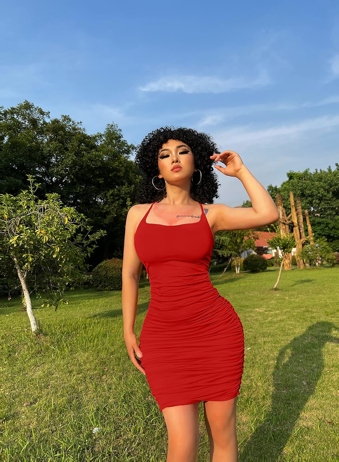 Women'S Sexy Backless Spaghetti Strap Sleeveless Ruched Bodycon Mini Club Dress