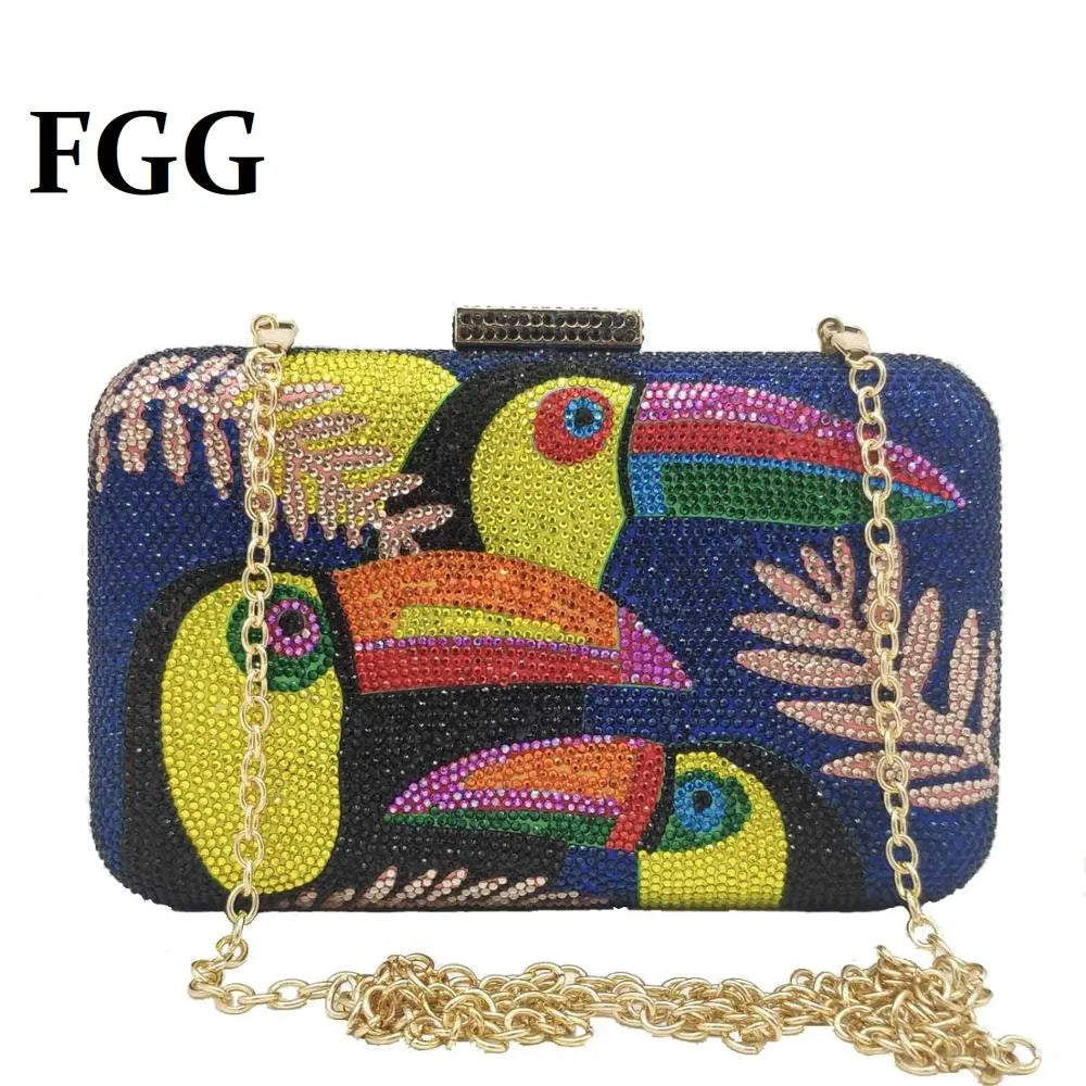Novelty Toucan Bird Women Crystal Evening Bags Rhinestones Box Minaudiere Clutch Party Cocktail Handbag Purse