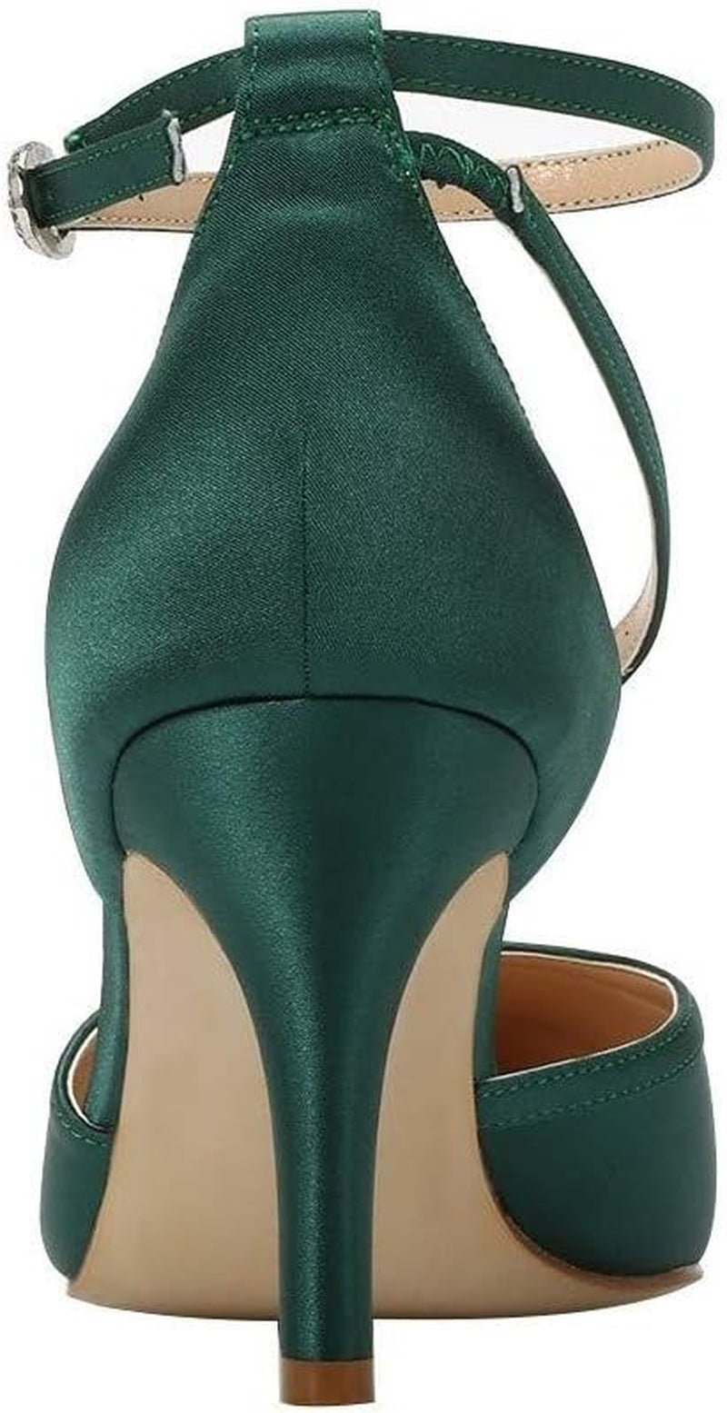 Women Comfortable Mid Heel Ankle Strappy Dress Pumps Pointed Toe Satin Wedding Evening Party Shoes