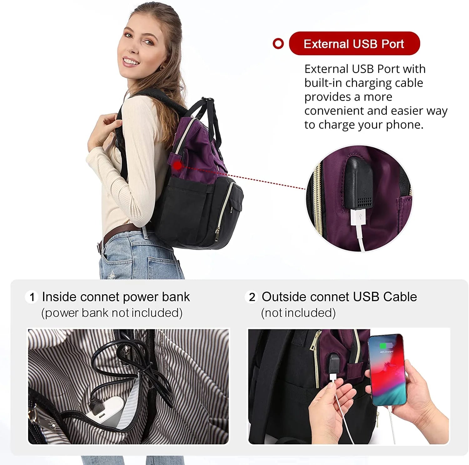 Stylish 15.6" Laptop Bag for Women - Waterproof Travel Backpack with USB Port, Perfect for Teachers, Nurses, and College Students (Dark Purple-Black) - Alrickas’ UNIQUE BOUTIQUE
