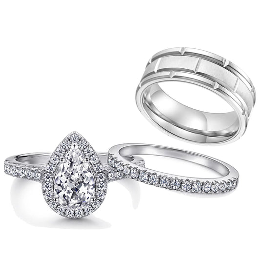 Elegant 10Kt White Gold Plated Matching Couple Rings Set with CZ for Women - Perfect Wedding Bands - Alrickas’ UNIQUE BOUTIQUE