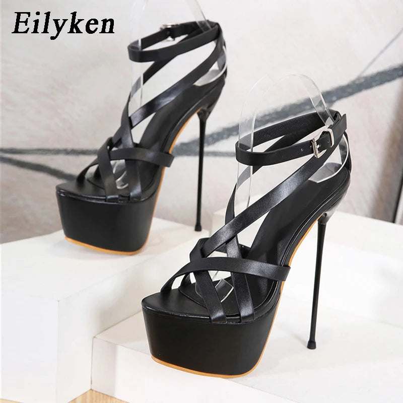 Eilyken Open Toe Ankle Buckle Strap Women Sandals Pumps Party Platform Club Stiletto High Heels Hollow Out Dress Shoes Black