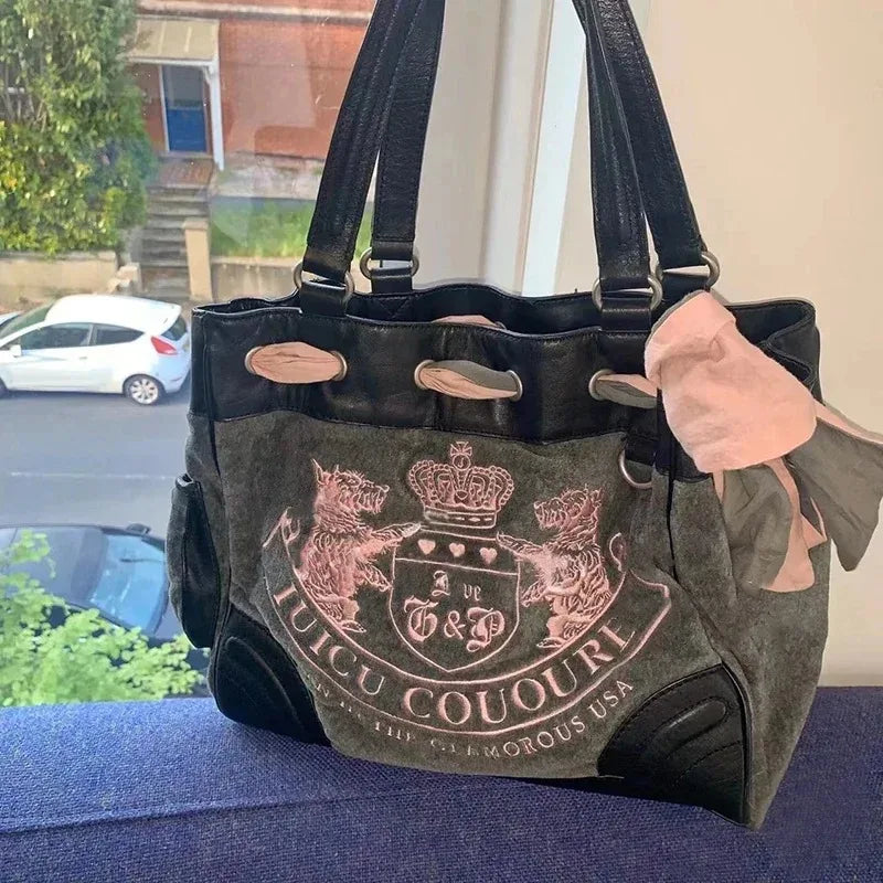 Y2K Women Vintage Retro Chic Embroidery Velvet Handbags Ladies Large-Capacity Tote Bag Girl Shopping Shoulder Bag Women'S Purses