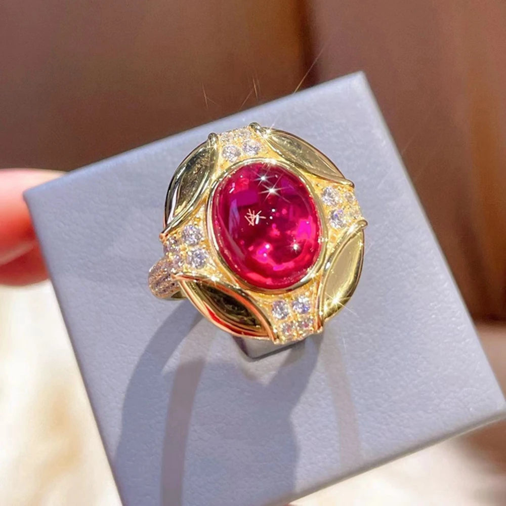 Vintage 18K Gold Plated 925 Sterling Silver Oval Ruby High Carbon Diamond Gemstone Cocktail Party Ring Fine Jewelry