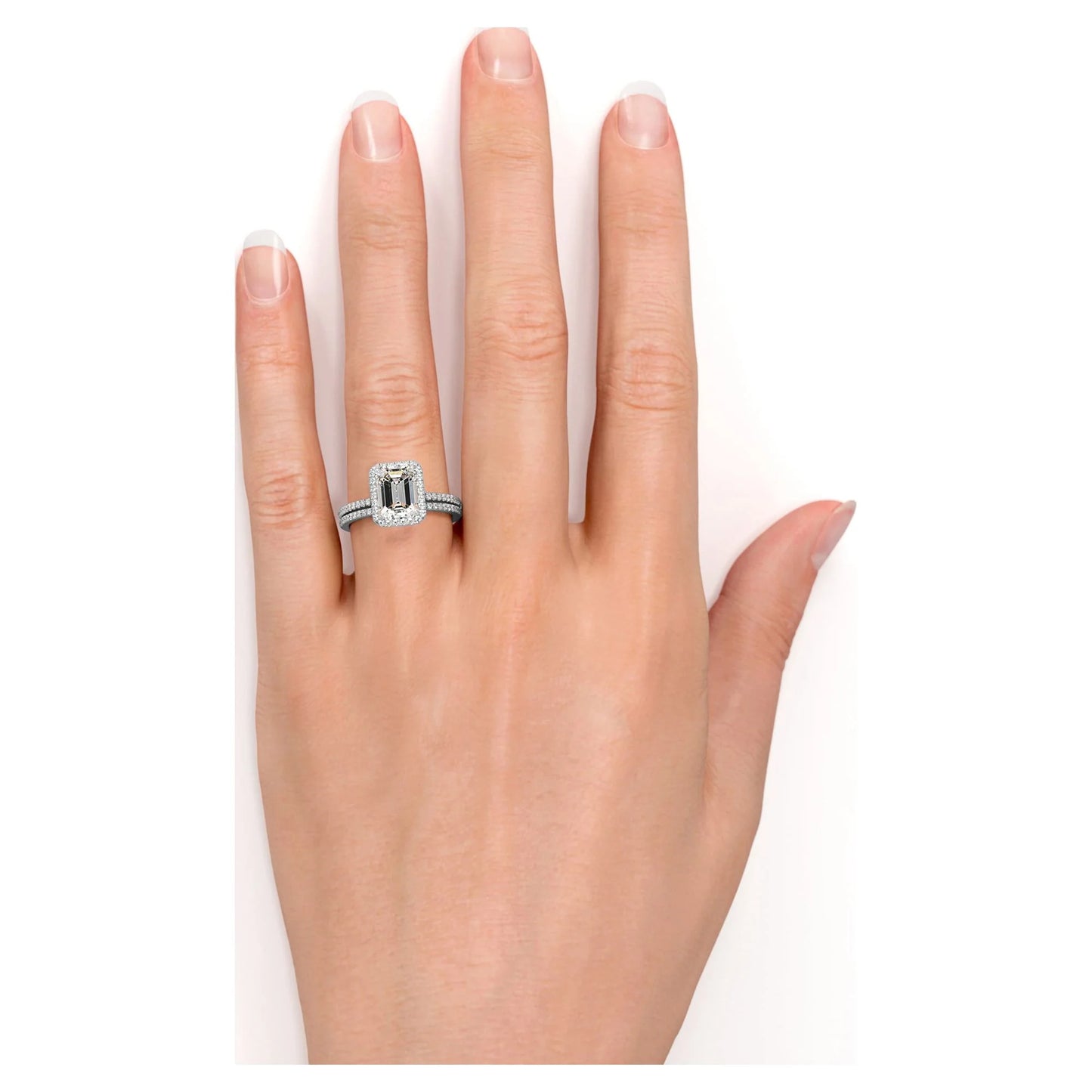 2 Carat Emerald Cut Moissanite and Diamond Halo Pave Bridal Wedding Ring Set in 10K White Gold
