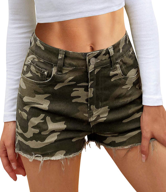 High-Waisted Ripped Denim Jean Shorts for Women - Casual Stretchy Camo Summer Style - Alrickas’ UNIQUE BOUTIQUE