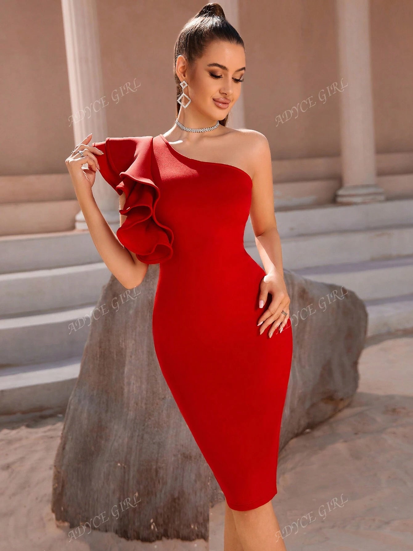 ADYCE One Shoulder Exaggerated Ruffle Trim Split Back Cocktail Party Bandage Dress