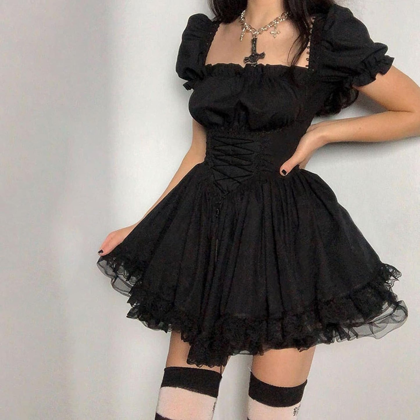 Gothic Lolita Mini Dress - Vintage Punk Puff Sleeve A-Line Swing Dress for Women - Alrickas’ UNIQUE BOUTIQUE