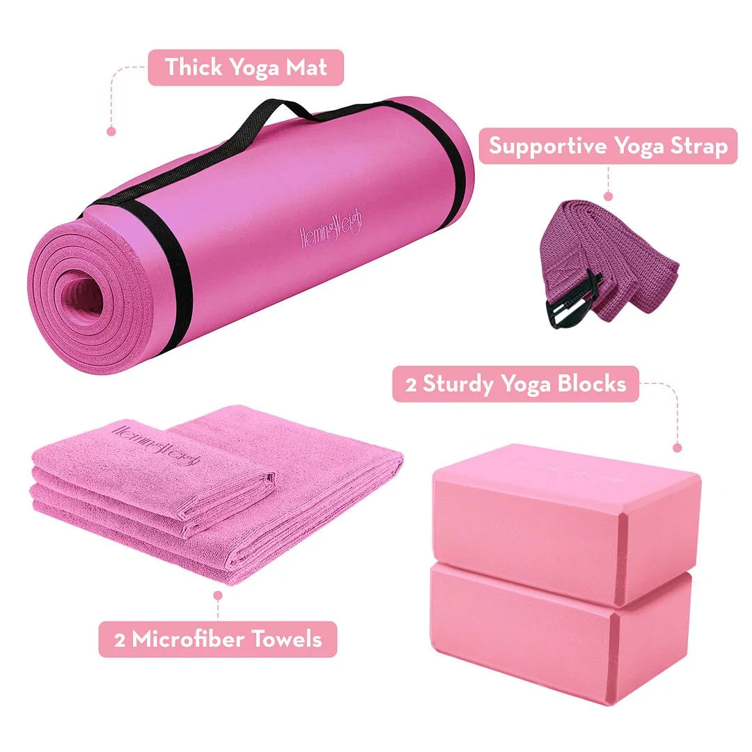Premium 72" Non-Slip Yoga Mat Set with Blocks, Strap, and Towels - Stylish Pink Design - Alrickas’ UNIQUE BOUTIQUE