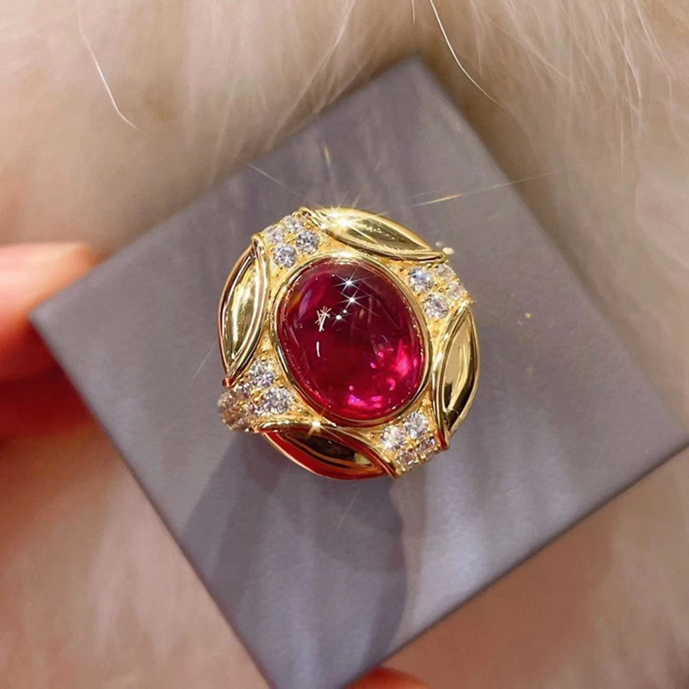 Vintage 18K Gold Plated 925 Sterling Silver Oval Ruby High Carbon Diamond Gemstone Cocktail Party Ring Fine Jewelry