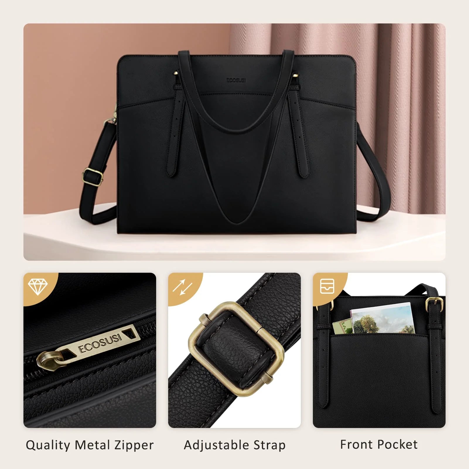 Stylish Waterproof Leather Laptop Tote Bag for Women - 15.6 Inch Briefcase & Shoulder Purse for Work, College, and Travel - Elegant Black Design - Alrickas’ UNIQUE BOUTIQUE