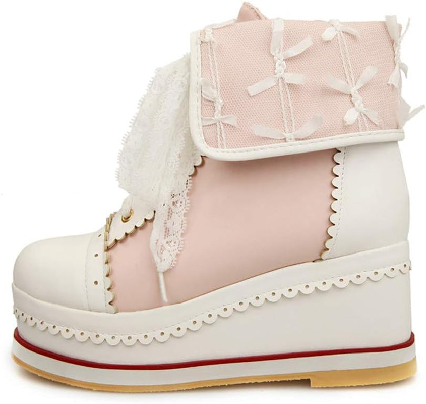 Women'S Cute Lolita Boots Cosplay Brogue Wedge Boots