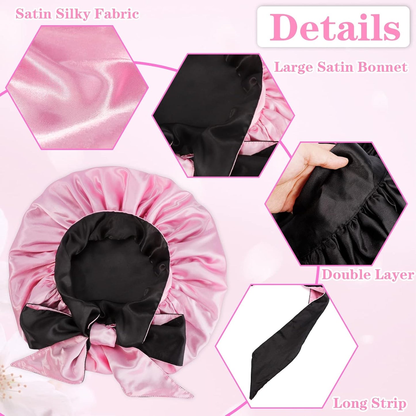 Jumbo Bonnet,Reversible Double Layer Satin Bonnet for Black Women,Adjustable Extra Large Sleeping Satin Lined Bonnet,Silk Bonnet Night Cap with Wide Tie Band for Braids Long Curly Hair(Black Pink)