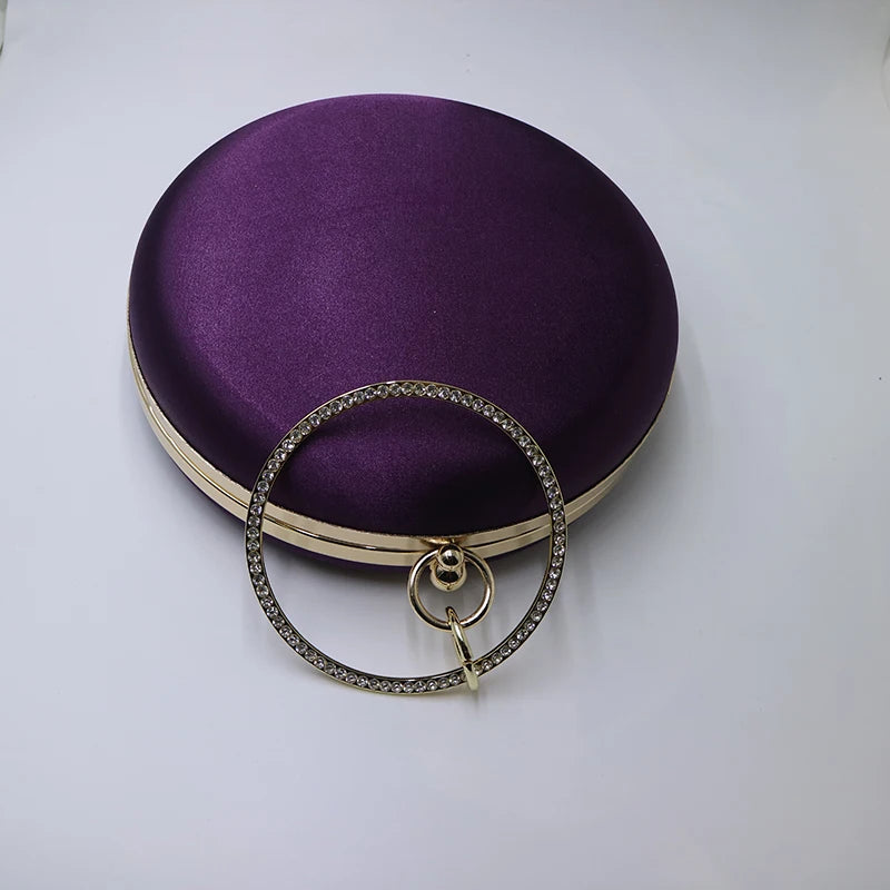New Silk Satin round Circular Women Fashion Day Clutches Wristlets Handbag Purse Party Prom Evening Clutch Bag Purple